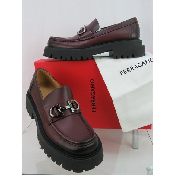 FERRAGAMO BURGUNDY LEATHER FLORIAN LUG SOLE GANCINI BIT LOGO LOAFERS 11 EE ITALY